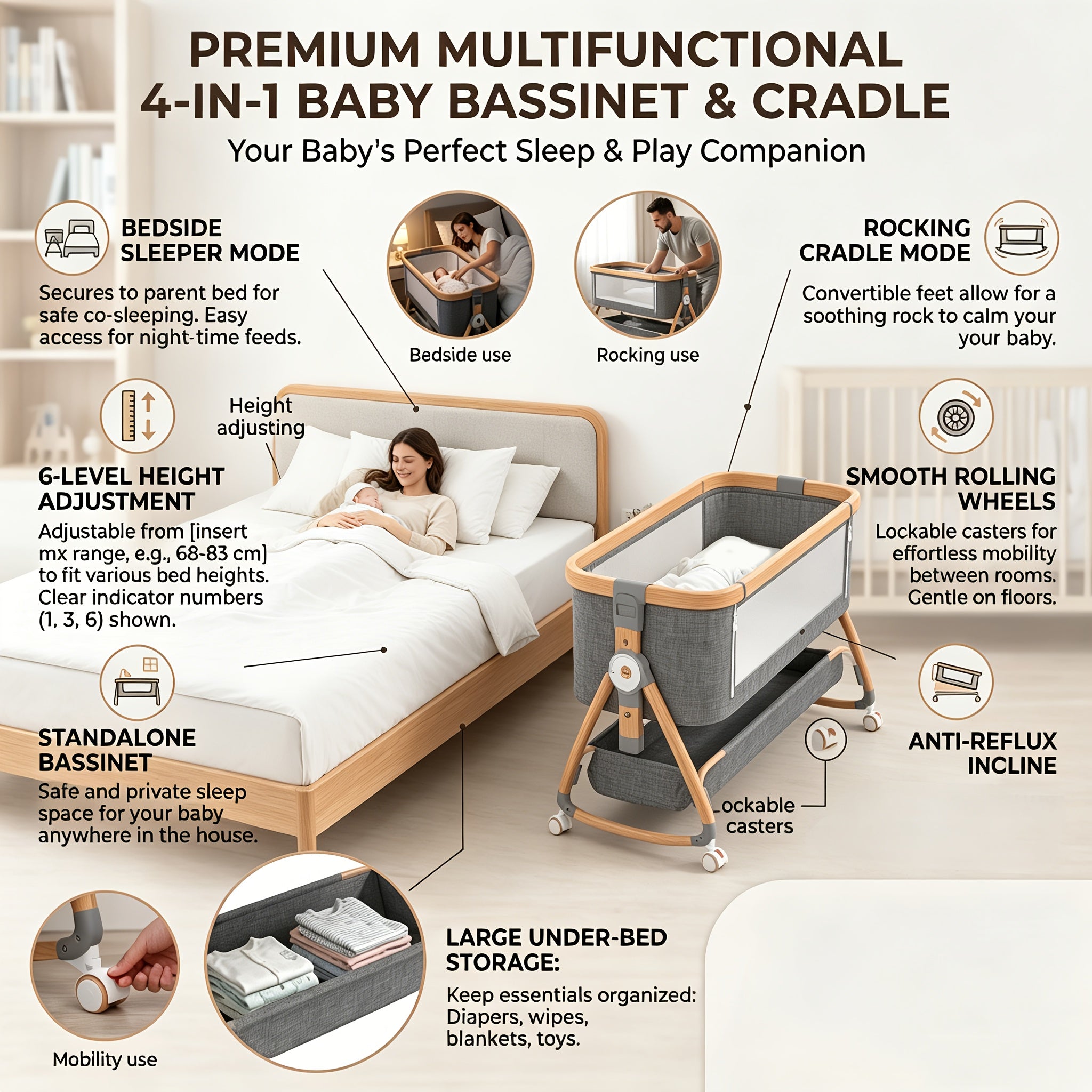 4-in-1 Foldable Baby Bedside Crib with Adjustable Height & Storage Shelf - Portable Bedside Sleeper Suitable for Newborn, Bed, Compact Foldable with Wheels, Assembly, Fabric Frame and Oak for Small Spaces