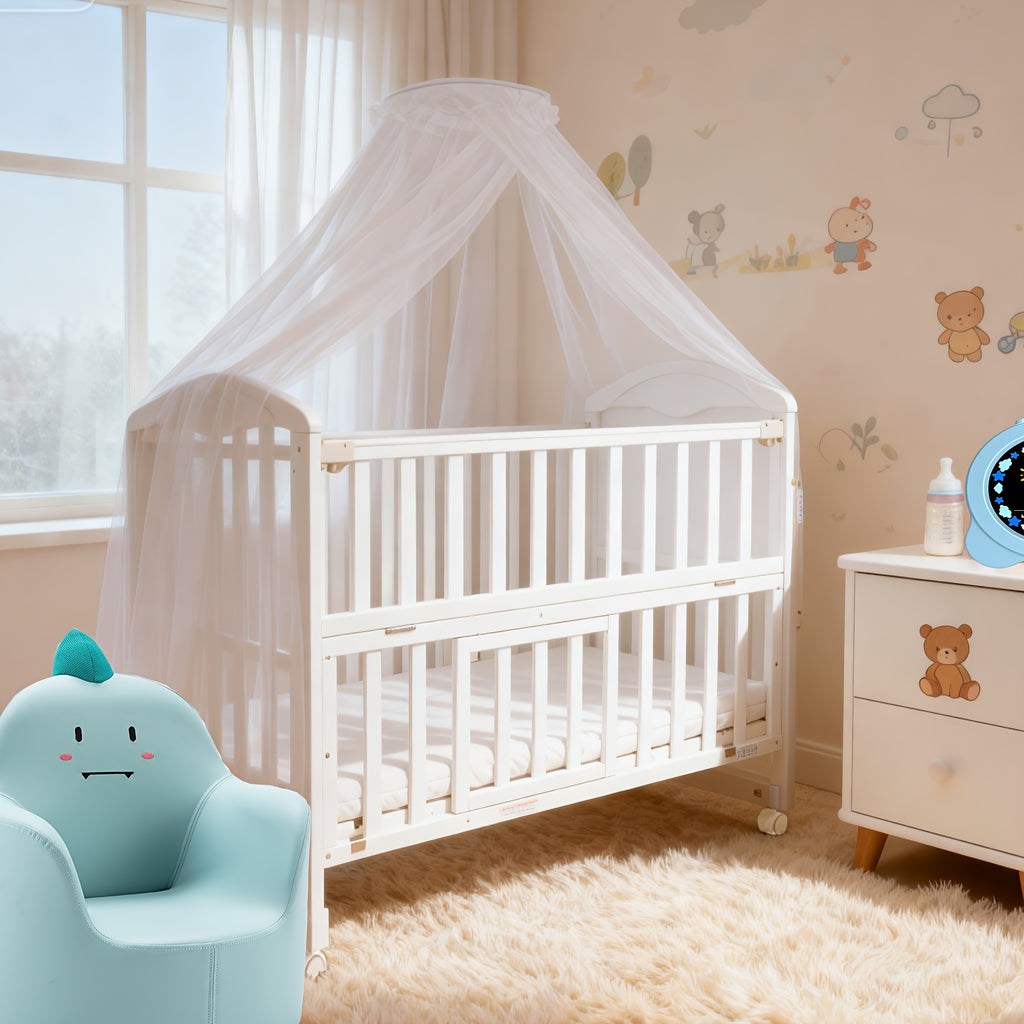 4-in-1 Convertible Crib with 3-inch Thick Mattress And Dome Mosquito Net, 3-Position Adjustable Mattress Height, Mobile Casters Design, Spacious Crib Storage Space for Storing Essentials, Convertible Rocking Crib, Weight Limit: Under 15kg\u002F33.1 Lbs