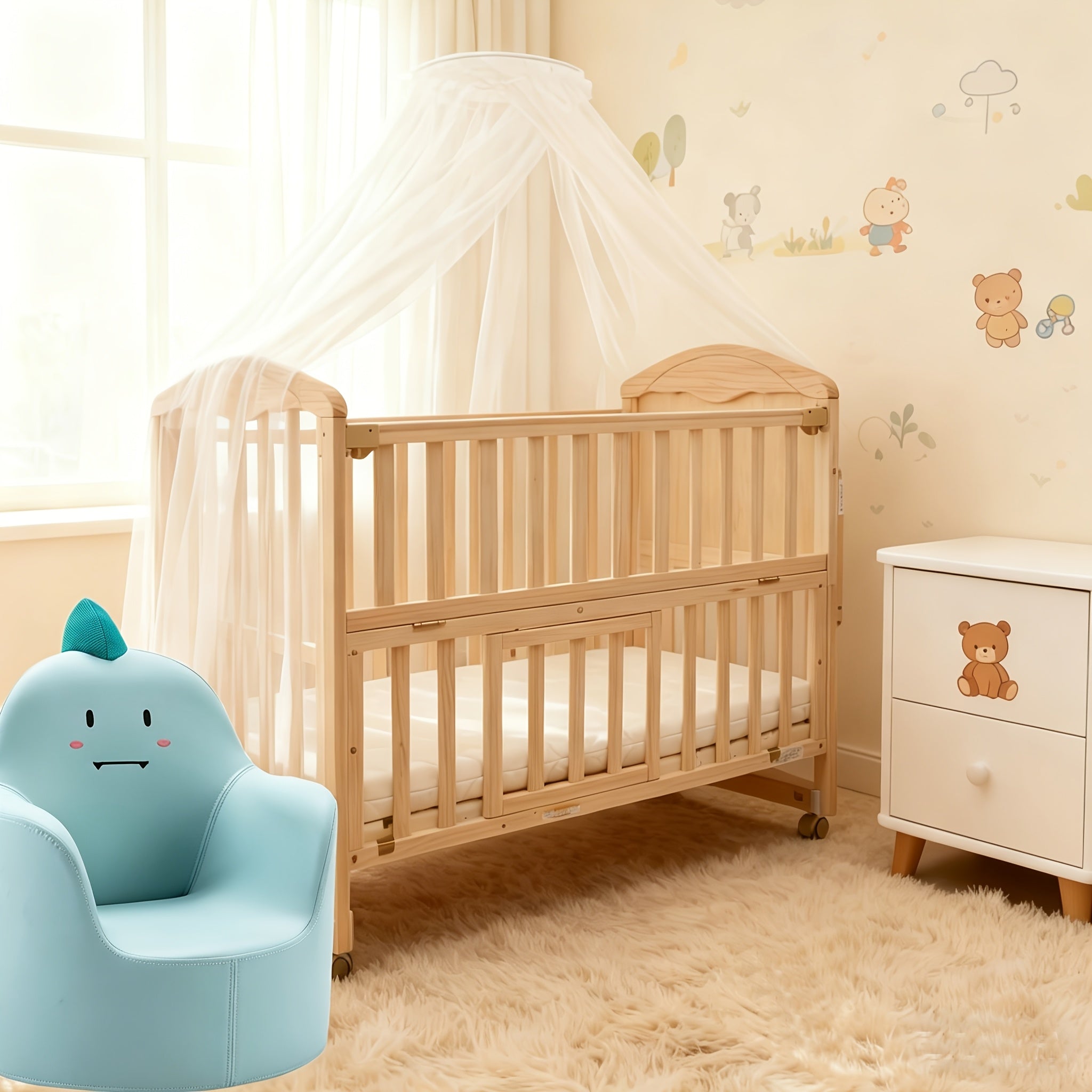 4-in-1 Convertible Crib with 3-inch Thick Mattress And Dome Mosquito Net, 3-Position Adjustable Mattress Height, Mobile Casters Design, Spacious Crib Storage Space for Storing Essentials, Convertible Rocking Crib, Weight Limit: Under 15kg\u002F33.1 Lbs