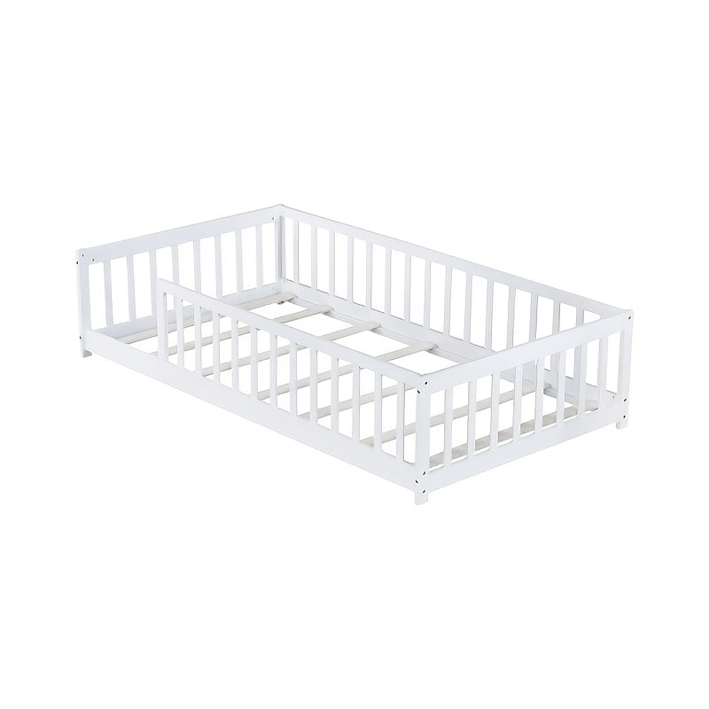 BELLEMAVE Twin Size Floor Bed with Fence Without Door, Rubber Wood Floor Bed with Safety Guardrails, White