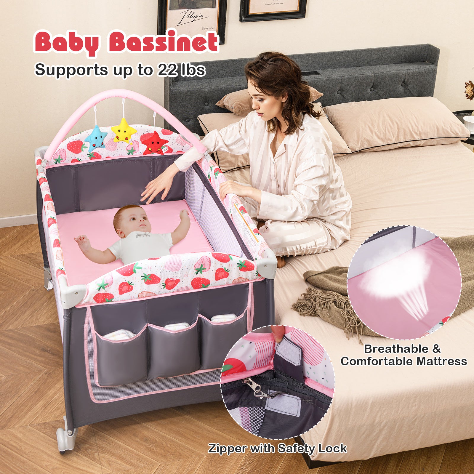 4-in-1 Portable Baby Playard & Nursery Center with Zippered Door - Convertible, Swing-Compatible Frame, Soft Padded Fabric Suitable for Nursery, Rocking Bed, Infant Bed for Nursery Furniture, Assembly