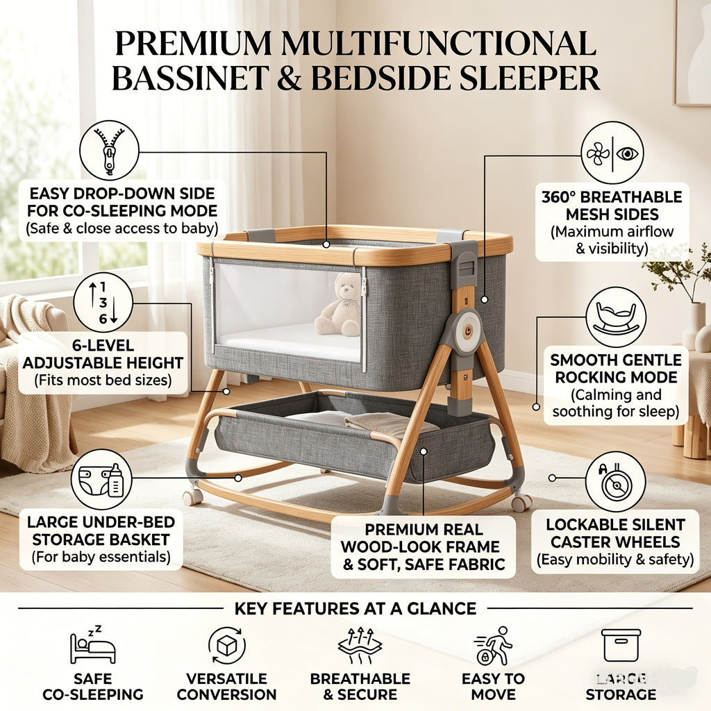 4-in-1 Foldable Baby Bedside Crib with Adjustable Height & Storage Shelf - Portable Bedside Sleeper Suitable for Newborn, Bed, Compact Foldable with Wheels, Assembly, Fabric Frame and Oak for Small Spaces