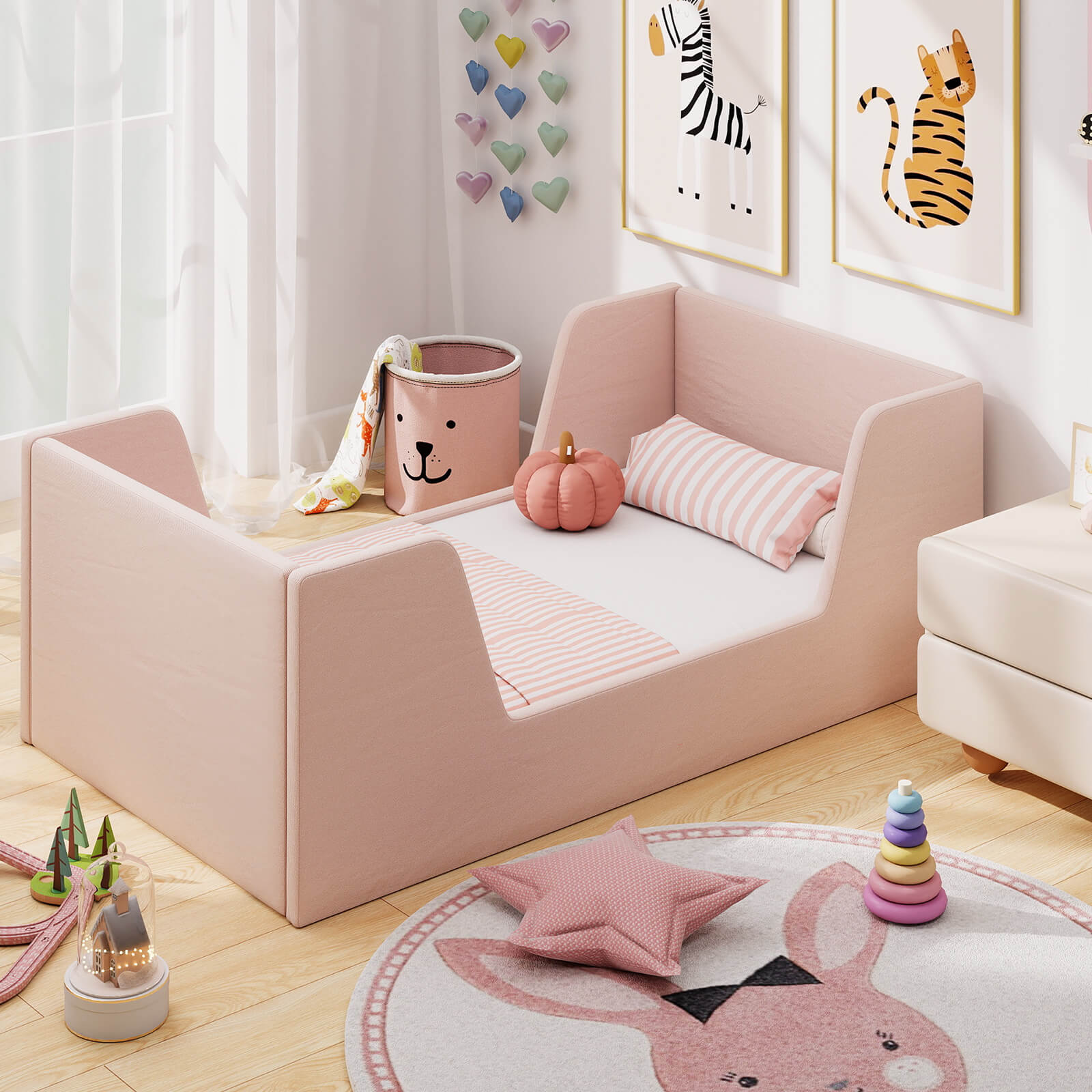 COSTWAY Soft Velvet Fabric Upholstered Children Floor Bed w\u002FSafety Rails & Headboard