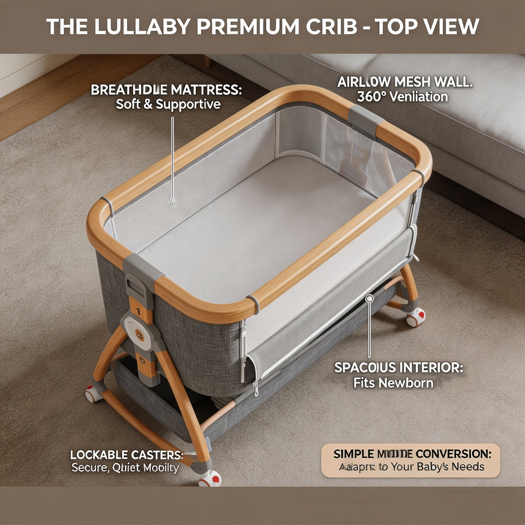 4-in-1 Foldable Baby Bedside Crib with Adjustable Height & Storage Shelf - Portable Bedside Sleeper Suitable for Newborn, Bed, Compact Foldable with Wheels, Assembly, Fabric Frame and Oak for Small Spaces