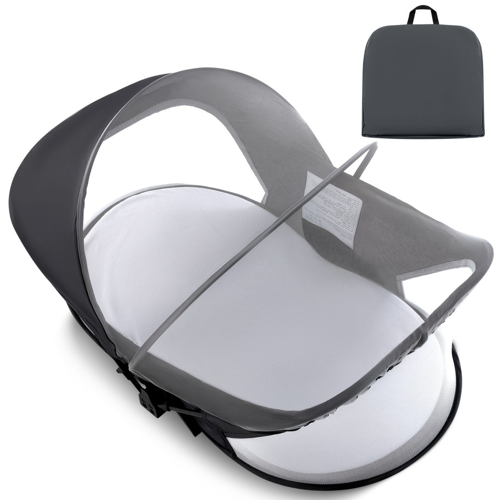 Portable Baby Travel Pod, Easy to Fold Baby Nest for Camping, Lightweight And Washable, Includes Mosquito Net And Sunshade Canopy, Travel Crib in Dark Gray
