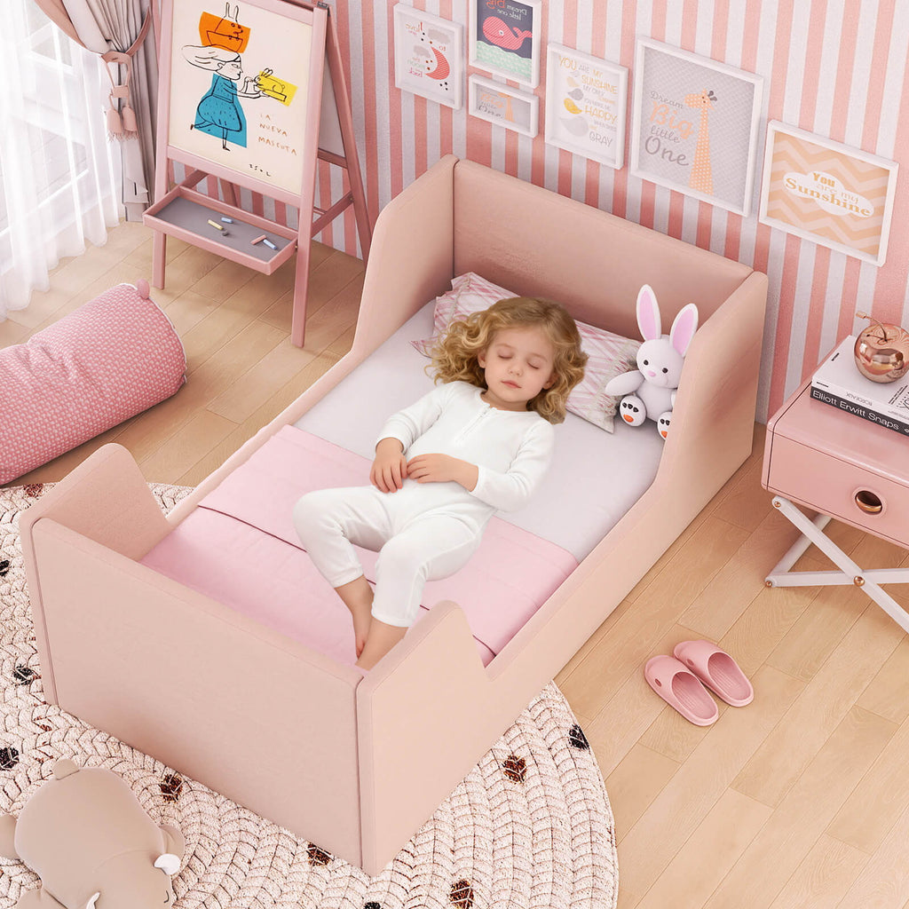 COSTWAY Soft Velvet Fabric Upholstered Children Floor Bed w\u002FSafety Rails & Headboard