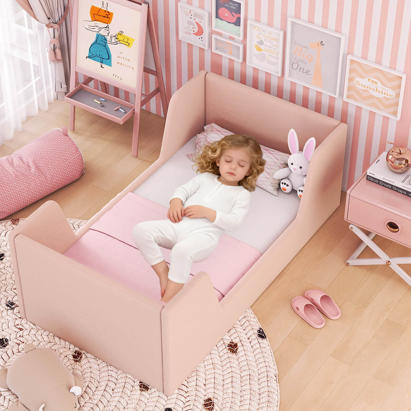 COSTWAY Soft Velvet Fabric Upholstered Children Floor Bed w\u002FSafety Rails & Headboard
