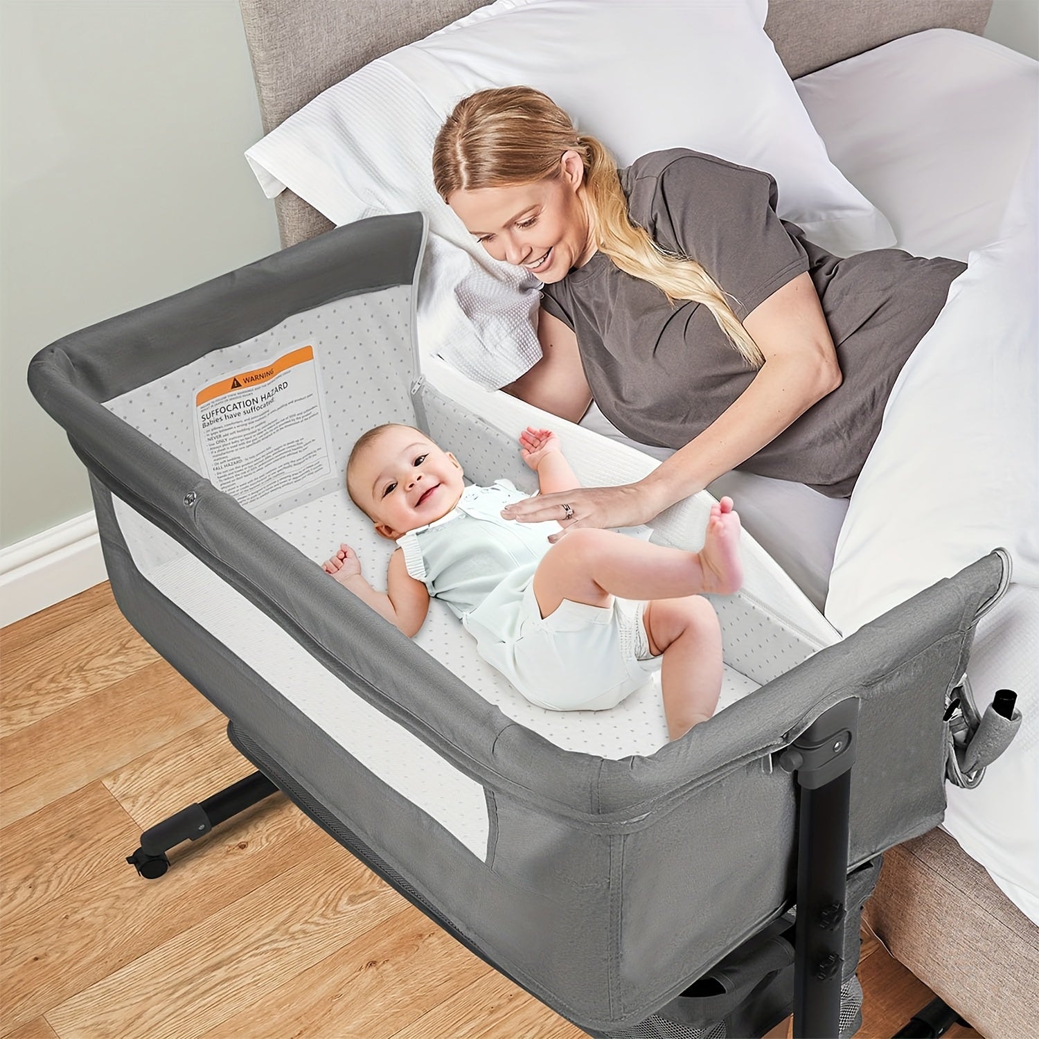 Baby Basinet, Bedside Bassinet for Baby, Height Adjustable Bassinet Bedside Sleeper with Lockable Wheels & Mosquito Nets, Large Storage Bag & Comfortable Mattresses Included. Product Weight 16 Lbs, Applicable Infant Weight Limit 33 Lbs