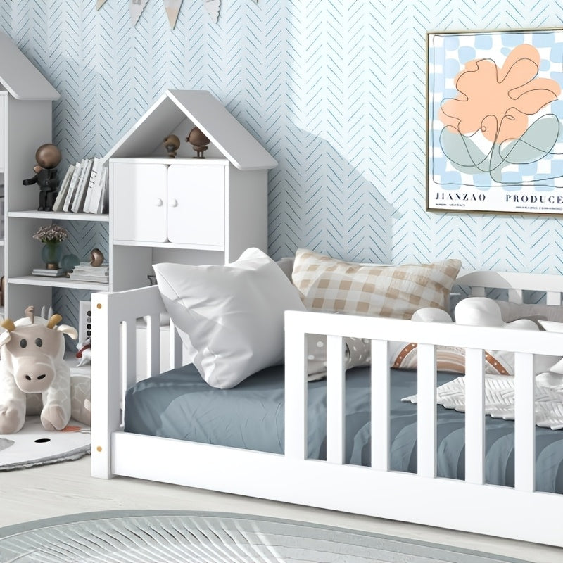 BELLEMAVE Twin Size Floor Bed with Fence Without Door, Rubber Wood Floor Bed with Safety Guardrails, White