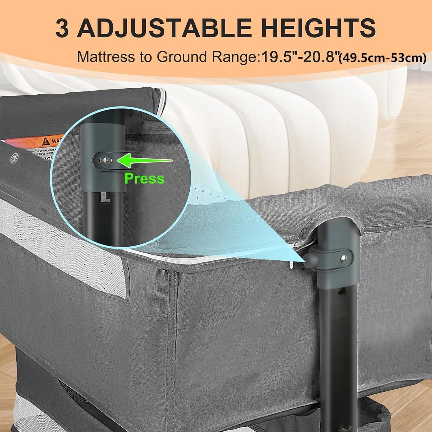 Baby Basinet, Bedside Bassinet for Baby, Height Adjustable Bassinet Bedside Sleeper with Lockable Wheels & Mosquito Nets, Large Storage Bag & Comfortable Mattresses Included. Product Weight 16 Lbs, Applicable Infant Weight Limit 33 Lbs