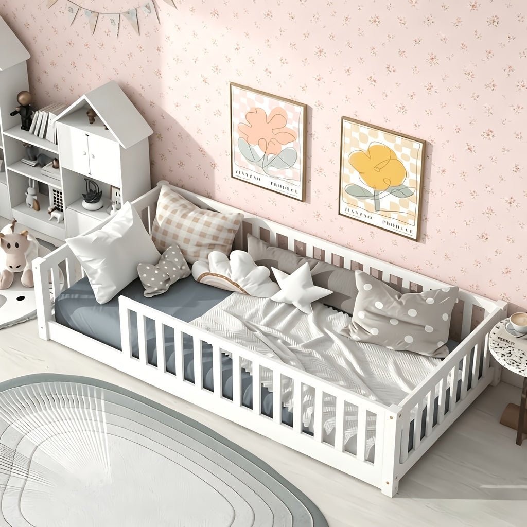 BELLEMAVE Twin Size Floor Bed with Fence Without Door, Rubber Wood Floor Bed with Safety Guardrails, White