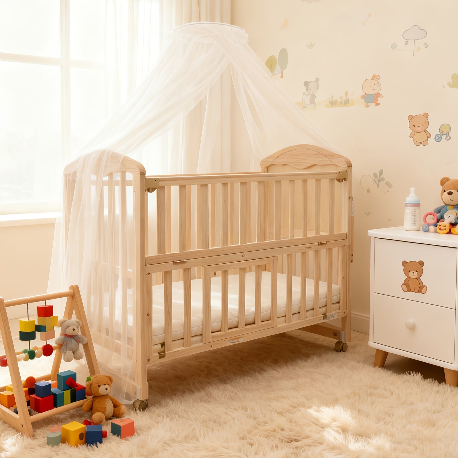 Non Full-Size Convertible Crib Set with 3-Inch Thick Mattress And Dome Mosquito Net, Adjustable Mattress Height, Movable Roller Design, Large Storage Space Under The Bed, Convertible Crib Set, Product Weight: 41 Pounds, Max Weight Limit: 33.1 Pounds