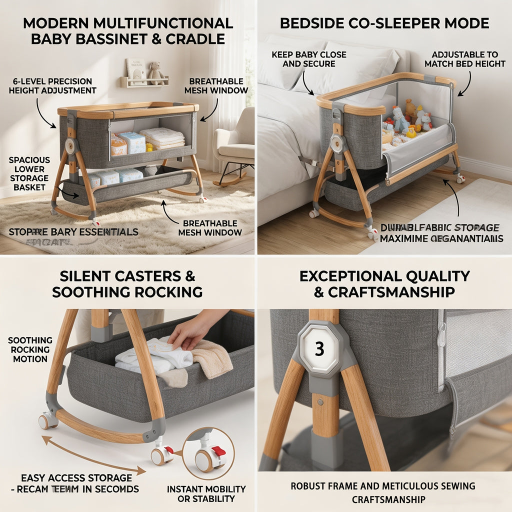 4-in-1 Foldable Baby Bedside Crib with Adjustable Height & Storage Shelf - Portable Bedside Sleeper Suitable for Newborn, Bed, Compact Foldable with Wheels, Assembly, Fabric Frame and Oak for Small Spaces
