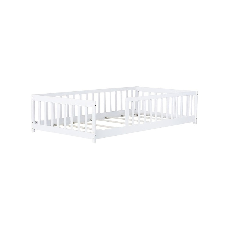 BELLEMAVE Twin Size Floor Bed with Fence Without Door, Rubber Wood Floor Bed with Safety Guardrails, White