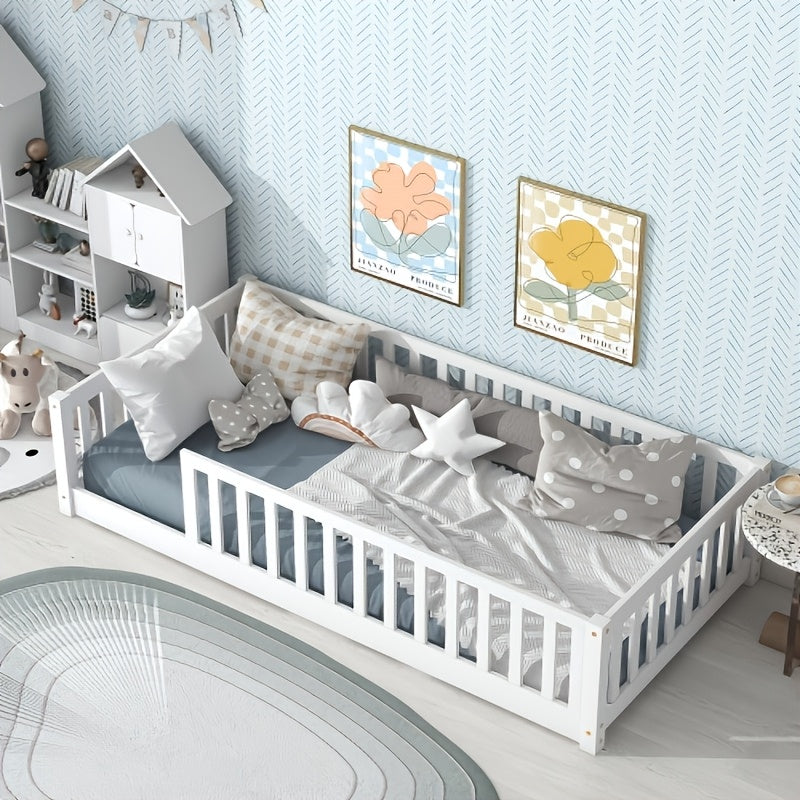 BELLEMAVE Twin Size Floor Bed with Fence Without Door, Rubber Wood Floor Bed with Safety Guardrails, White