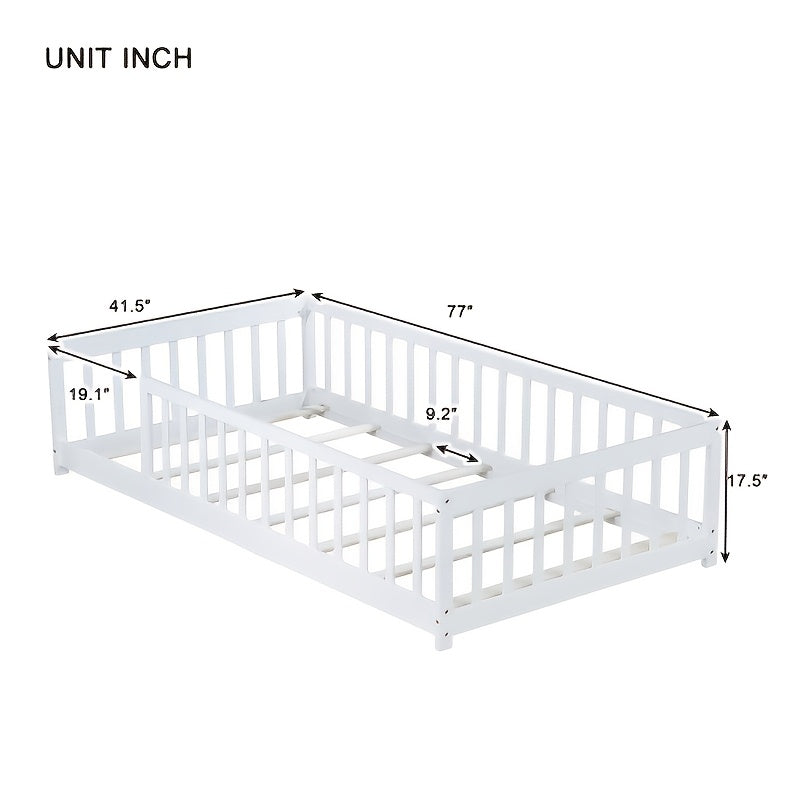 BELLEMAVE Twin Size Floor Bed with Fence Without Door, Rubber Wood Floor Bed with Safety Guardrails, White