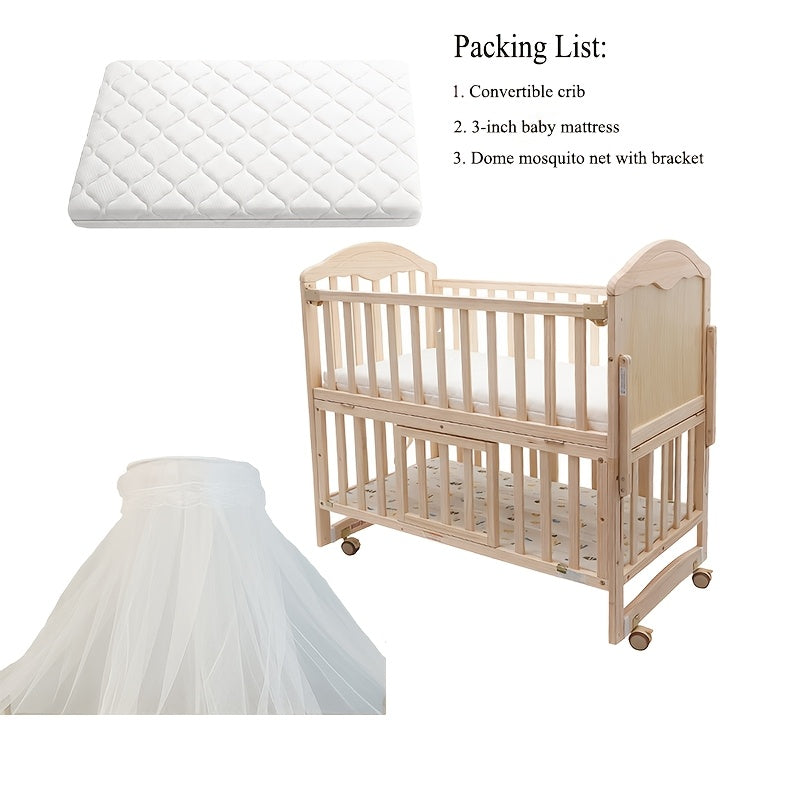 Non Full-Size Convertible Crib Set with 3-Inch Thick Mattress And Dome Mosquito Net, Adjustable Mattress Height, Movable Roller Design, Large Storage Space Under The Bed, Convertible Crib Set, Product Weight: 41 Pounds, Max Weight Limit: 33.1 Pounds