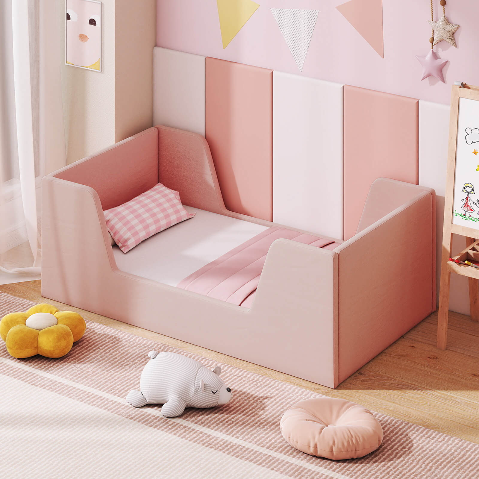 COSTWAY Soft Velvet Fabric Upholstered Children Floor Bed w\u002FSafety Rails & Headboard