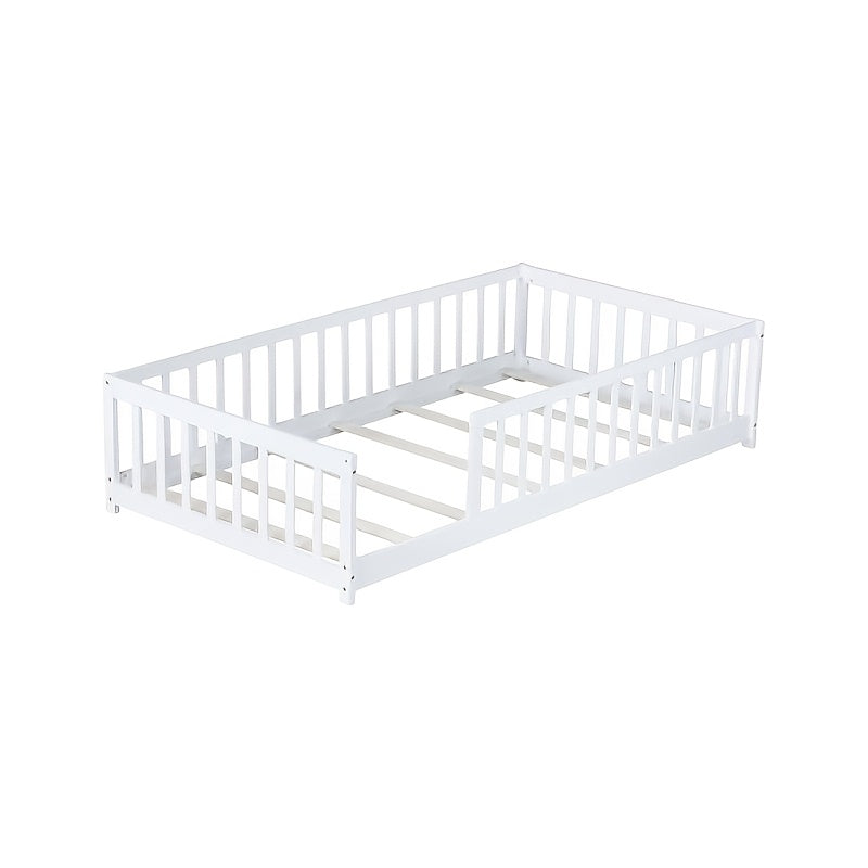 BELLEMAVE Twin Size Floor Bed with Fence Without Door, Rubber Wood Floor Bed with Safety Guardrails, White