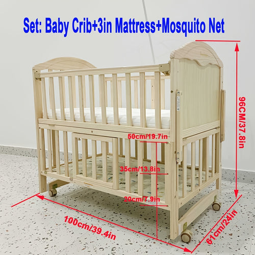 4-in-1 Convertible Crib with 3-inch Thick Mattress And Dome Mosquito Net, 3-Position Adjustable Mattress Height, Mobile Casters Design, Spacious Crib Storage Space for Storing Essentials, Convertible Rocking Crib, Weight Limit: Under 15kg\u002F33.1 Lbs
