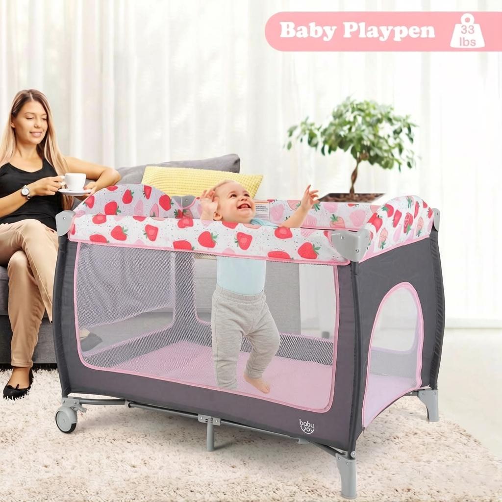 4-in-1 Portable Baby Playard & Nursery Center with Zippered Door - Convertible, Swing-Compatible Frame, Soft Padded Fabric Suitable for Nursery, Rocking Bed, Infant Bed for Nursery Furniture, Assembly