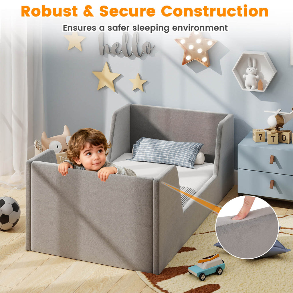 COSTWAY Soft Velvet Fabric Upholstered Children Floor Bed w\u002FSafety Rails & Headboard