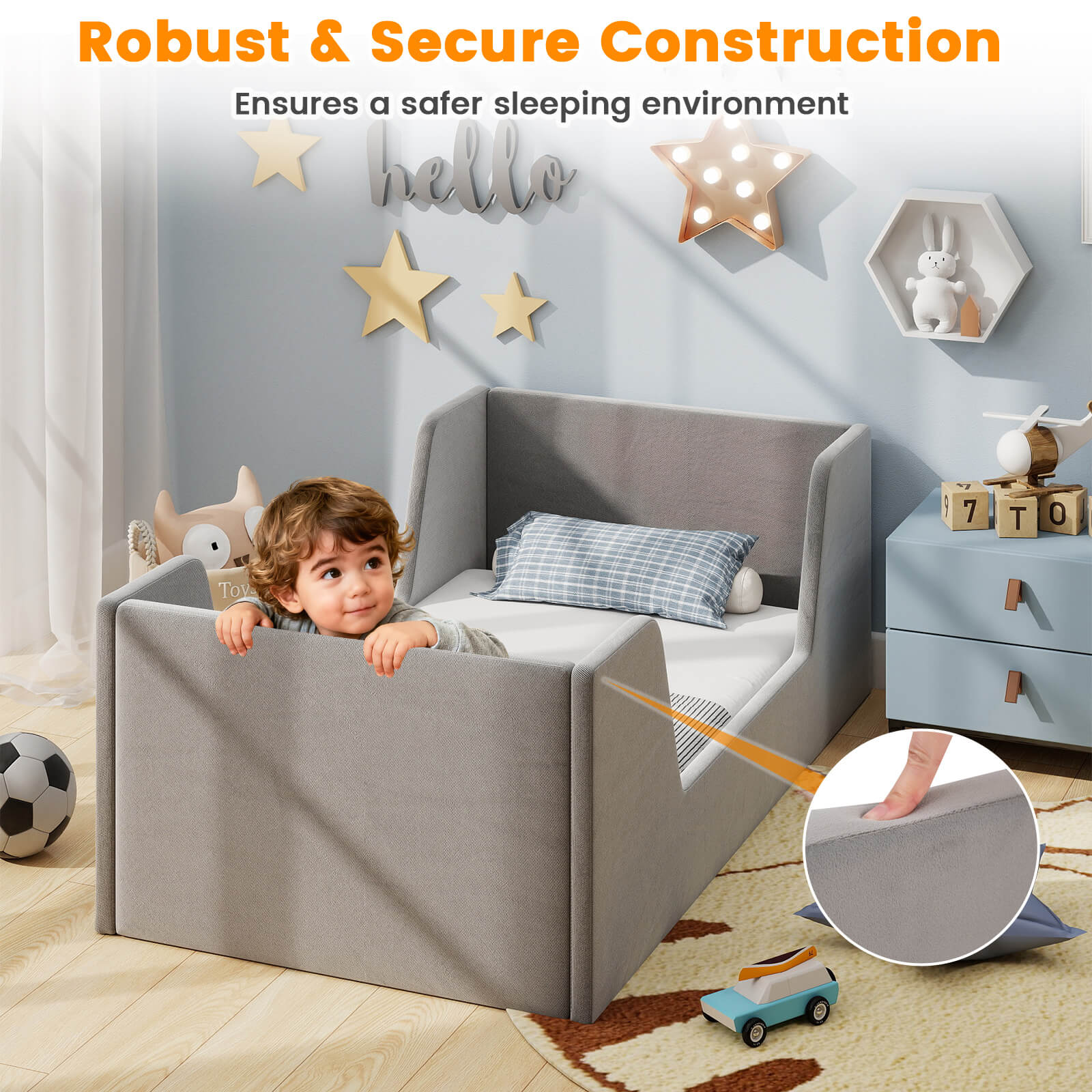 COSTWAY Soft Velvet Fabric Upholstered Children Floor Bed w\u002FSafety Rails & Headboard