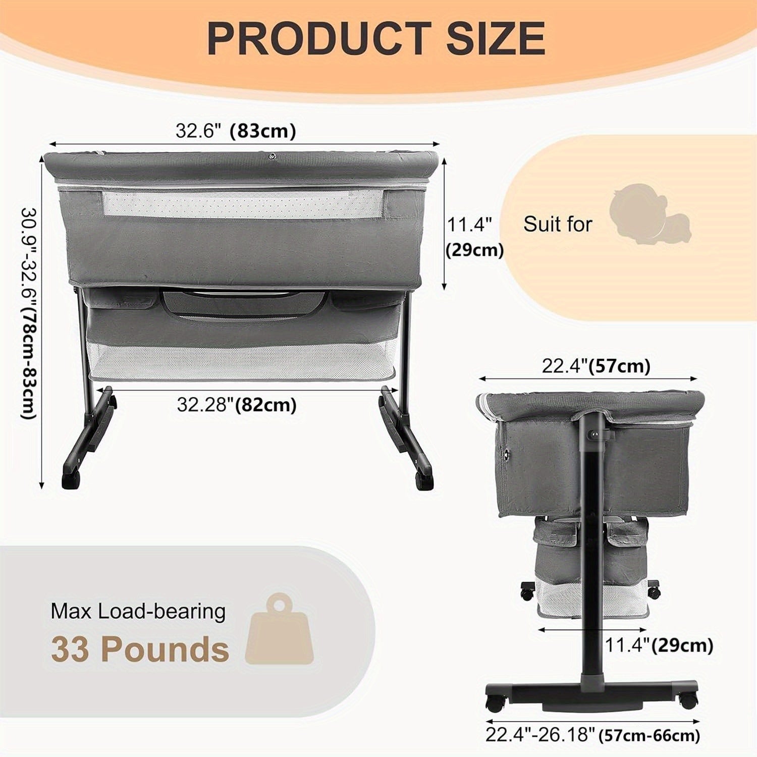 Baby Basinet, Bedside Bassinet for Baby, Height Adjustable Bassinet Bedside Sleeper with Lockable Wheels & Mosquito Nets, Large Storage Bag & Comfortable Mattresses Included. Product Weight 16 Lbs, Applicable Infant Weight Limit 33 Lbs