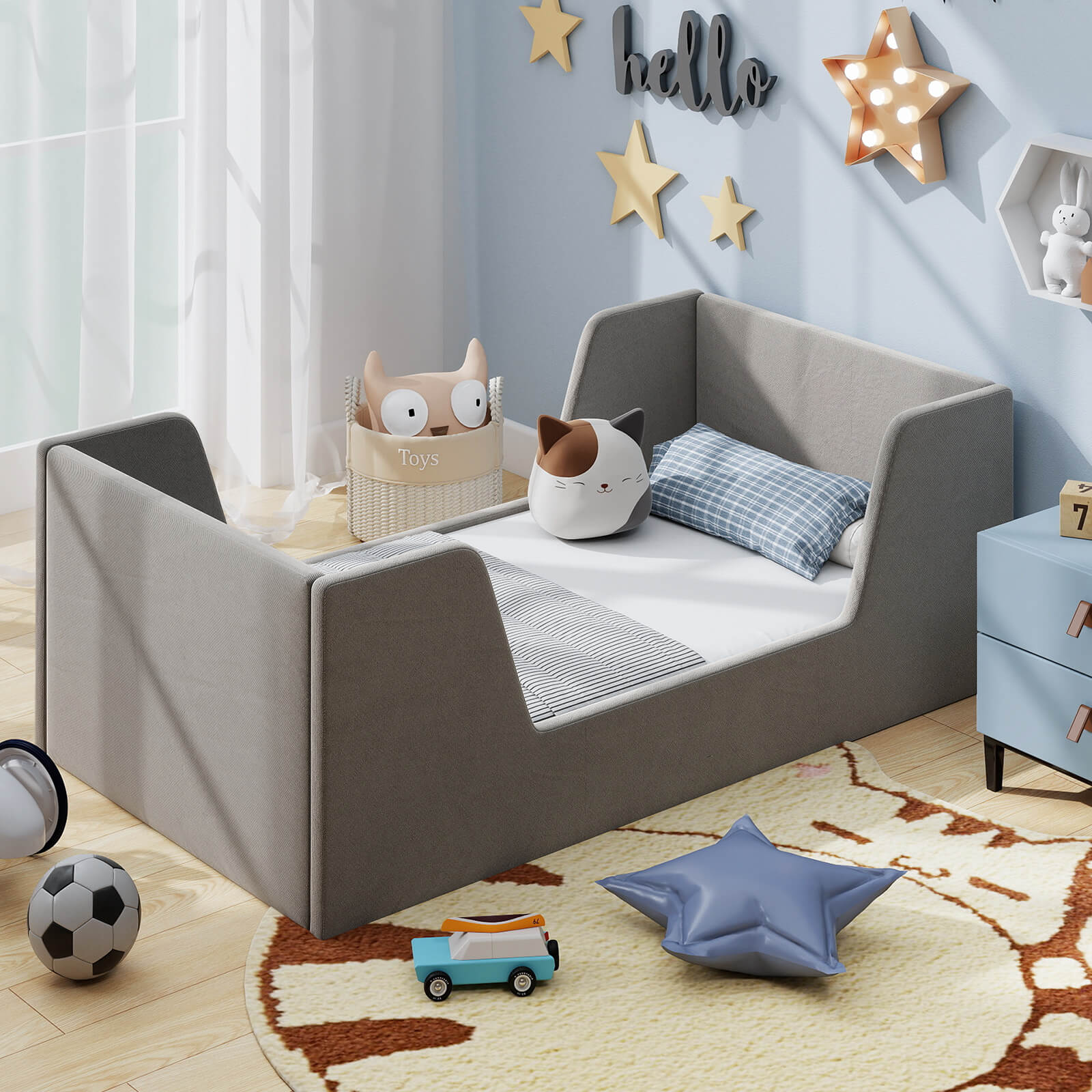 COSTWAY Soft Velvet Fabric Upholstered Children Floor Bed w\u002FSafety Rails & Headboard