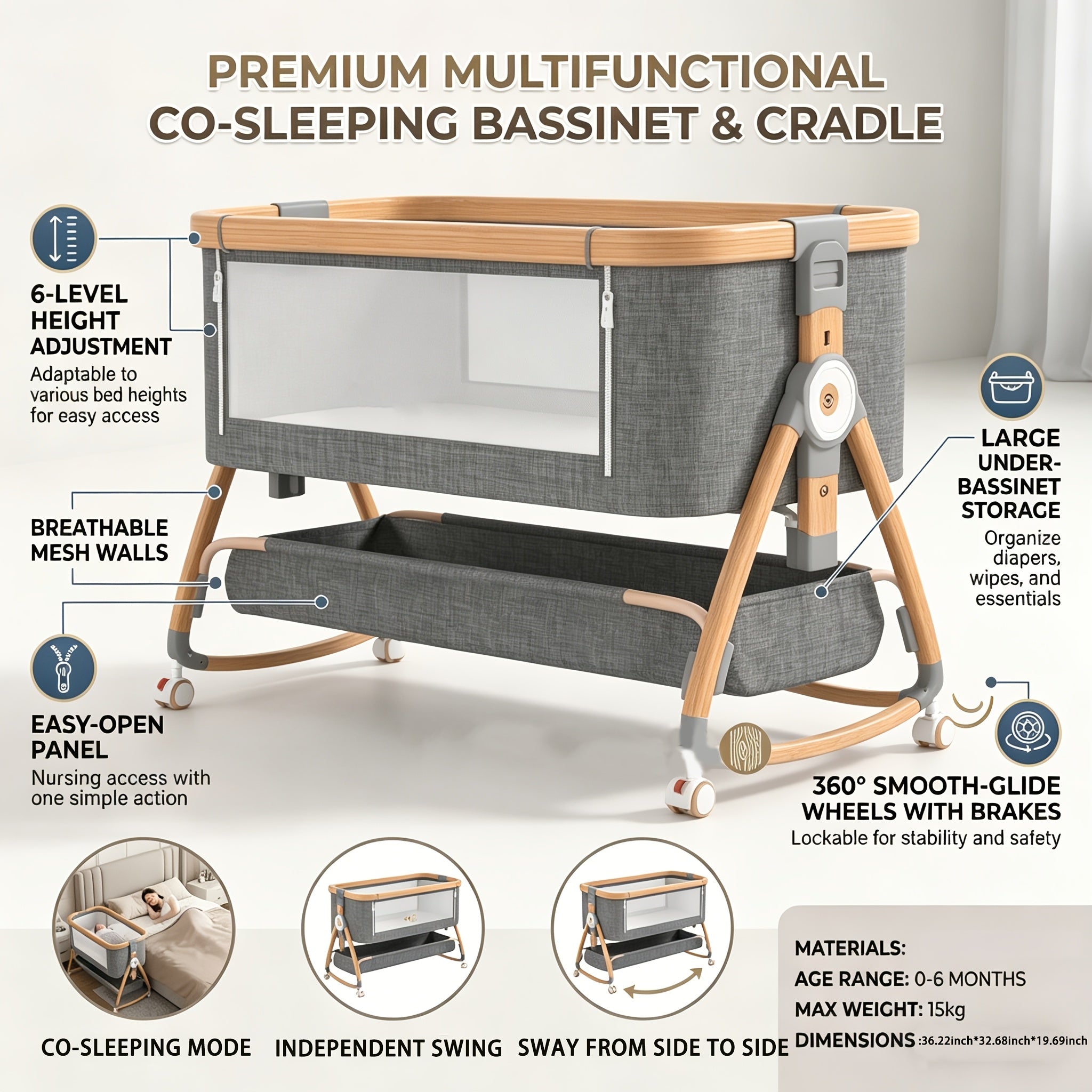4-in-1 Foldable Baby Bedside Crib with Adjustable Height & Storage Shelf - Portable Bedside Sleeper Suitable for Newborn, Bed, Compact Foldable with Wheels, Assembly, Fabric Frame and Oak for Small Spaces