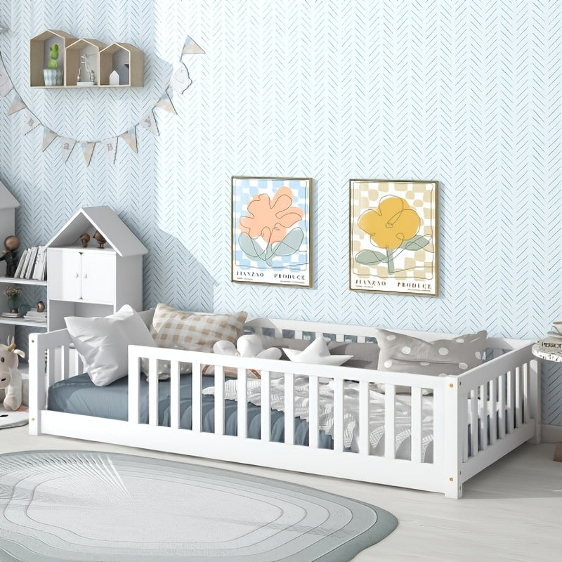 BELLEMAVE Twin Size Floor Bed with Fence Without Door, Rubber Wood Floor Bed with Safety Guardrails, White