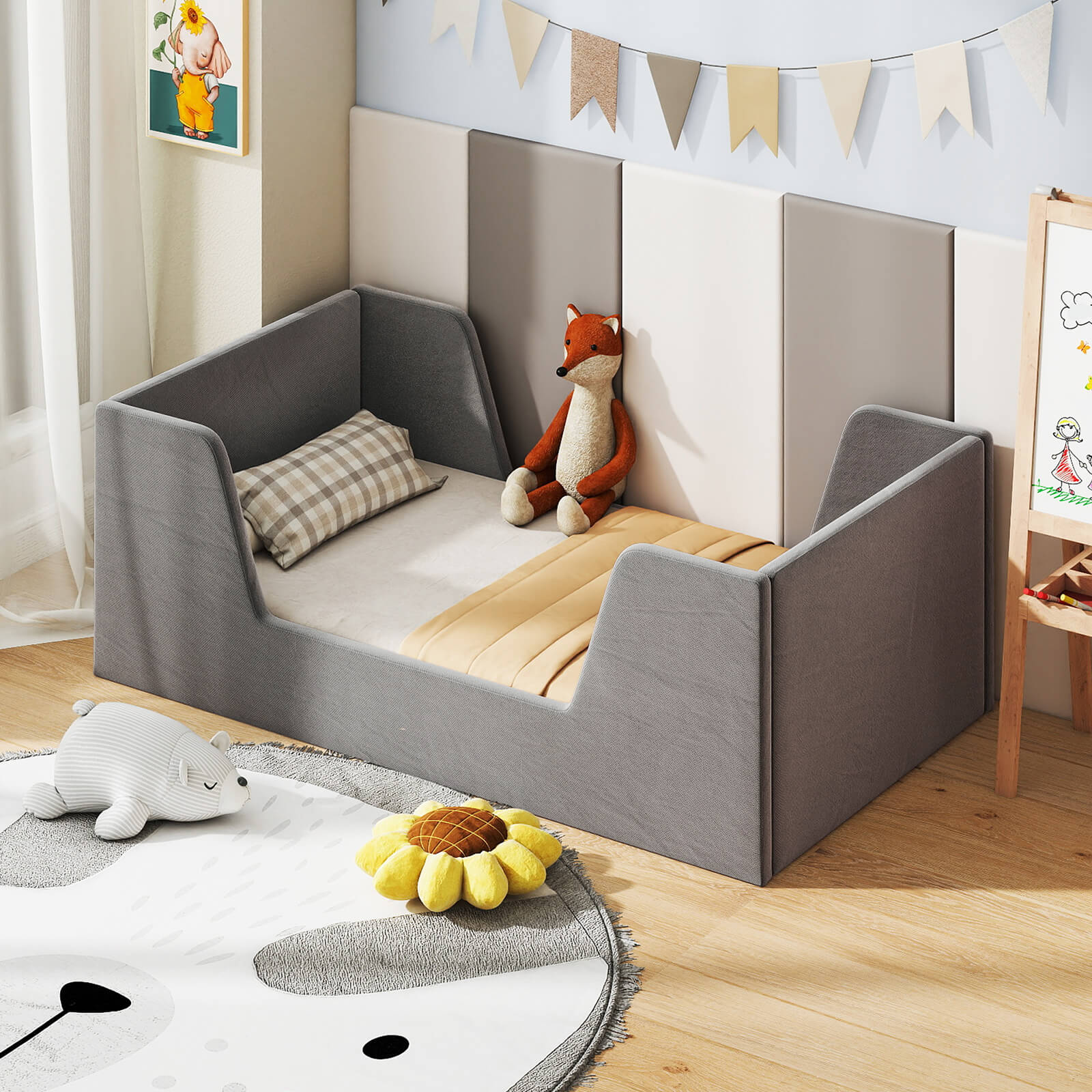 COSTWAY Soft Velvet Fabric Upholstered Children Floor Bed w\u002FSafety Rails & Headboard