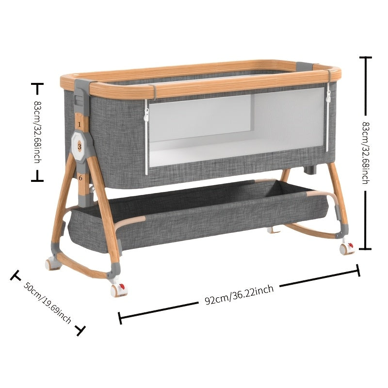 4-in-1 Foldable Baby Bedside Crib with Adjustable Height & Storage Shelf - Portable Bedside Sleeper Suitable for Newborn, Bed, Compact Foldable with Wheels, Assembly, Fabric Frame and Oak for Small Spaces
